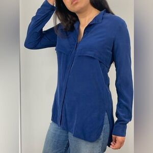 Vince 100% Silk Long Sleeve Mandarin collar Blue Blouse Sz Small